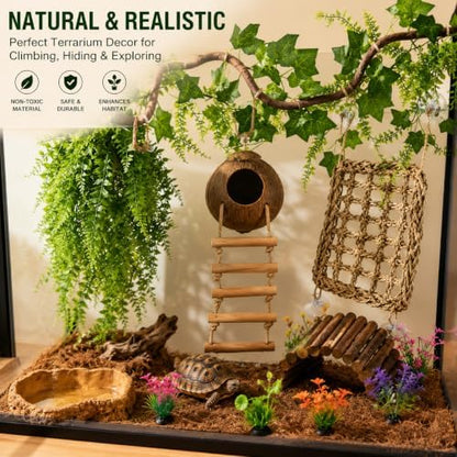 Leopard Gecko Tank Accessories. Reptile Hammock Vines Plants with Coconut Shell Ladder Hideout Hermit Crab Decor for Bearded Dragon Lizard Chameleon Crested Gecko Tortoise Snake(10PCS with Water Dish)