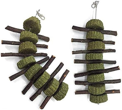 Bunny Chew Toys for Teeth, 2 PCS Organic Apple Wood Molar Sticks with Timothy Hay Circles for Bunny Chinchilla Guinea Pig Hamsters Holland Lop Prairie Dogs Squirrels, Improves Dental Health