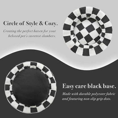 Ohocut Checkered Dog Bed, Cute Black White Retro Style Aesthetic Round Warming Pet Calming Beds for Small Dog and Cats, Plush Cozy Donut Dog Beds Washable, 30" L x 30" W x 8" Th