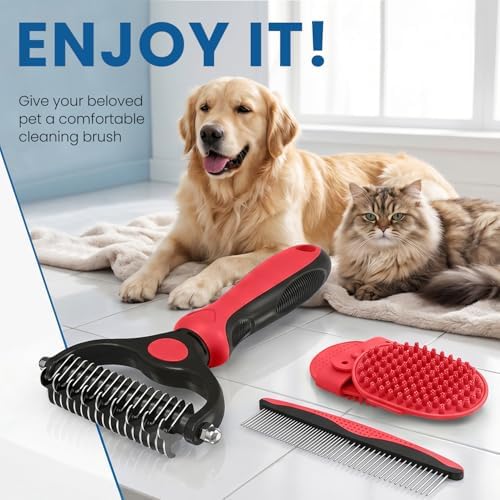 Pet Grooming Rake for Dogs and Cats - 4-in-1 Deshedding Dematting Kit with Double-Sided Undercoat Rake and Metal Comb for Long & Short Haired Pets, Reduces Shedding 95%