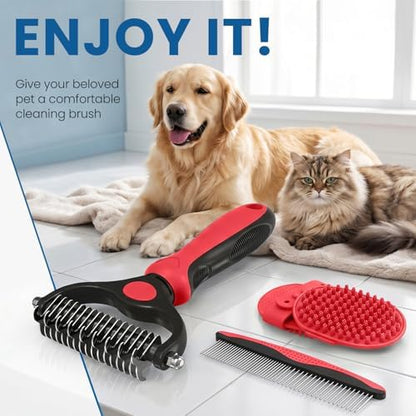Pet Grooming Rake for Dogs and Cats - 4-in-1 Deshedding Dematting Kit with Double-Sided Undercoat Rake and Metal Comb for Long & Short Haired Pets, Reduces Shedding 95%