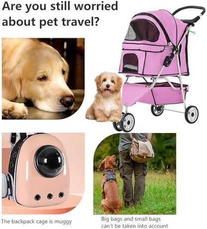 FDW | 3-Wheel Foldable Pet Stroller | Peach Pink | Lightweight & Portable