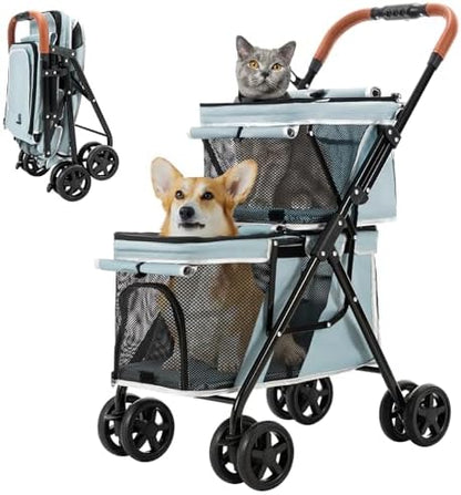 Double Pet Stroller for 2 Dogs & Cats, Double-Decker, Blue
