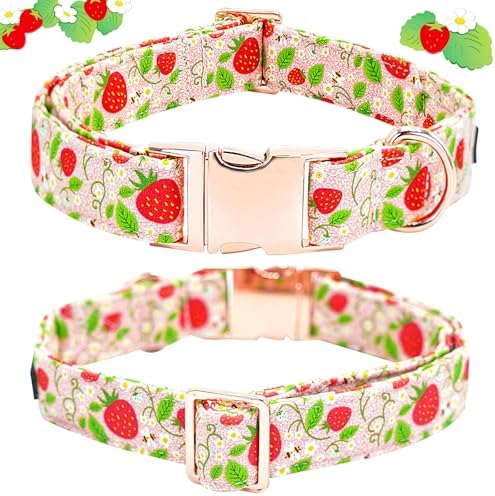 Dog Collar-Strawberry Print Adjustable Cute Pet Collar Soft Pink Dog Collars with Bow Tie Durable Cotton Metal Buckle Puppy Collar Gift for Small Dogs