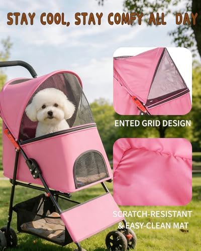Pet Stroller for Small Dogs Cats, Lightweight Foldable Pink Dog Stroller