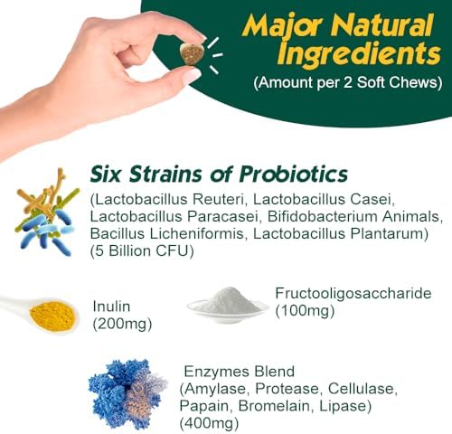 Advanced Probiotic for Dogs, Supports Digestive Health, Immune Health, Gut Health, Improves Nutrient Absorption - Six Strains of Probiotics - Inulin - Enzyme Blend, 90-Count, Chicken