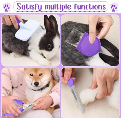 VCZONE 8 Pcs Small Animal Grooming Kit, Rabbit Grooming Kit with Pet Nail Clipper and File, Flea Comb, Pet Shampoo Bath Brush, Pet Shedding Slicker Brush, Bath Massage Glove, Cleaning Comb (Purple)