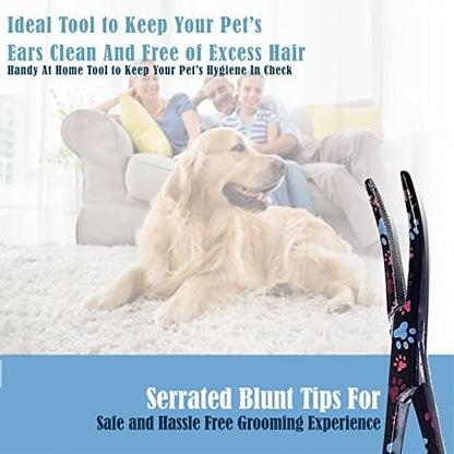 Dog Pet Ear/Nose Hair Puller Grooming Hemostat Locking Forceps Curved Pliers, 5.5" (14cm) Full Serrated Clamps Stainless Steel (Black Multi Paws)