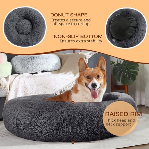 JOLLYVOGUE Dog Bed, Calming Anti-Anxiety Large Dog Bed, Fluffy Donut Cushion for Medium and Large Pets (27")
