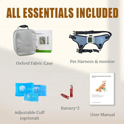 Wearable Pet Blood Pressure Monitor for Cats & Dogs, Automatic Oscillometric Veterinary BP & Heart Rate Monitor, 3 Adjustable Cuffs 4.2–15cm, Dual-User 120 Memory, Portable Home & Vet Clinic Use