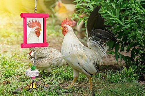 2Pcs Chicken Mirror Toys for Hens Hanging Swing Mirror Toys with Bells and Beak Grinding Molar Stones for Roosters Hens Birds Parrots (Yellow and Red)