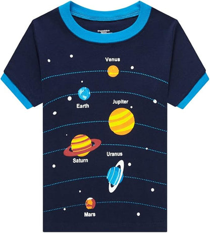 Popshion Boys Pajamas 100% Cotton Toddler Clothes Summer Pjs for Boy Planet Dinosaur Sleepwear Kids Short Sets 2-10 Years