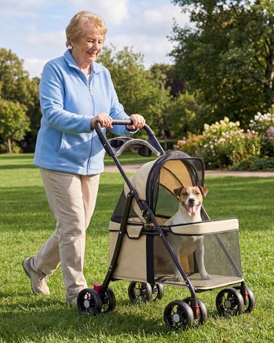 GTPLAYER Foldable Pet Stroller for Small Dogs and Cats, Holds Up to 33 lb, 4-Wheel Stroller with 2 Safety Tethers, Breathable Mesh, Lockable Front Wheels, Cup Holder/Tray & Storage Pocket, Cream