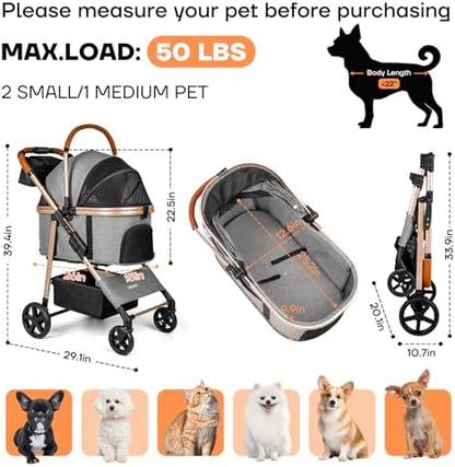 Dog Cat Stroller for Small/Medium Pets, 50 lbs, 3-in-1 Pet Stroller, Grey