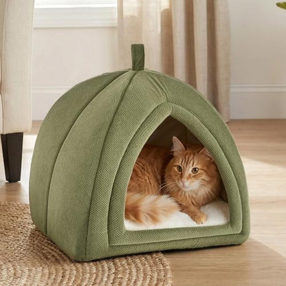 Amazon Basics Cat Cave Bed, 2-in-1 Foldable House for Indoor Cats, with Washable Cushion and Non-Slip Base, 17.5 x 17.5 Inches, Large, Green
