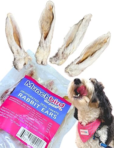 Munchbird Dehydrated Rabbit Ears for Dogs (4pcs) European Furry Rabbit Natural Fiber for Digestive Health