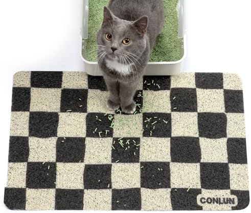Conlun Cat Litter Mat Litter Trapping Mat, Premium Durable PVC Cute Cat Litter Box Mat, Non-Slip, Less Waste Kitty Litter Mat, Soft on Kitty’s Paws, 24”x 17” cat matts for litter, Chessboard