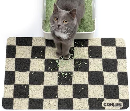 Conlun Cat Litter Mat Litter Trapping Mat, Premium Durable PVC Cute Cat Litter Box Mat, Non-Slip, Less Waste Kitty Litter Mat, Soft on Kitty’s Paws, 24”x 17” cat matts for litter, Chessboard