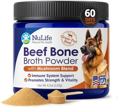 Grass-Fed Beef Bone Broth Powder for Dogs - Rich in Protein & Collagen, Enhanced with Mushroom Blend for Strong Bones, Joint Flexibility, Digestive Comfort & Immune Support - Made in USA - 4.2oz