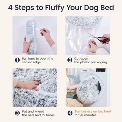 JOLLYVOGUE Calming Dog Beds Extra Large Sized Dog, 45in Donut Washable Large Pet Bed, Anti-Slip & Anti-Anxiety Fluffy Faux Fur Round Dogs Bed, Fits up to 125 lbs Pets (Smoke Grey)