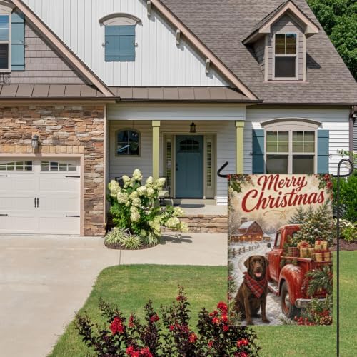 Christmas Labrador House Flag 28x40 Inch Merry Holiday Chocolate Dog Red Truck Tree Gifts Snowy Barn Rustic Farmhouse Outdoor Yard Lawn Porch Double Sided Banner Welcome Decor