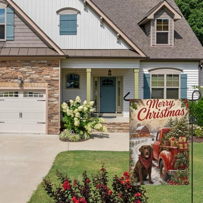 Christmas Labrador House Flag 28x40 Inch Merry Holiday Chocolate Dog Red Truck Tree Gifts Snowy Barn Rustic Farmhouse Outdoor Yard Lawn Porch Double Sided Banner Welcome Decor