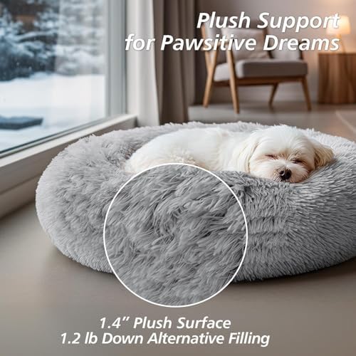 JOLLYVOGUE Calming Dog Bed Medium Size Dog, Anti-Anxiety Donut Medium Pet Bed, 27 inches Fluffy Faux Fur Round Cat Bed (Smoke Grey)
