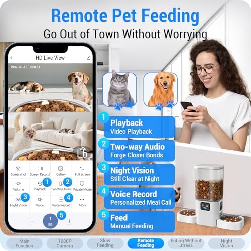 Frienhund Automatic Cat Feeder with Two 1080P Camera for 2 Cats: 7L Automatic Dog Feeder with Night Vision & Slow Feed, 5G WiFi Auto Cat Food Dispenser for Multiple Pet,Detachable for Clean(ACF180W-C)