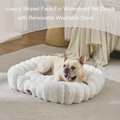 Luxury Dog Beds,Large Sized Dog Washable Furry Pet Beds,Comfort Rectangle Pet Sofa Couch with Ultra,Puppy Beds with Removable Zipper Cover,30x25x7.5inches,Beige