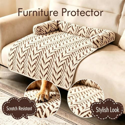 Calming Dog Couch Bed Mats with Neck and Head Support, Fluffy Plush Pet Sofa Cover for Small Medium Dogs and Cats, Non-Slip Bottom, Machine Washable