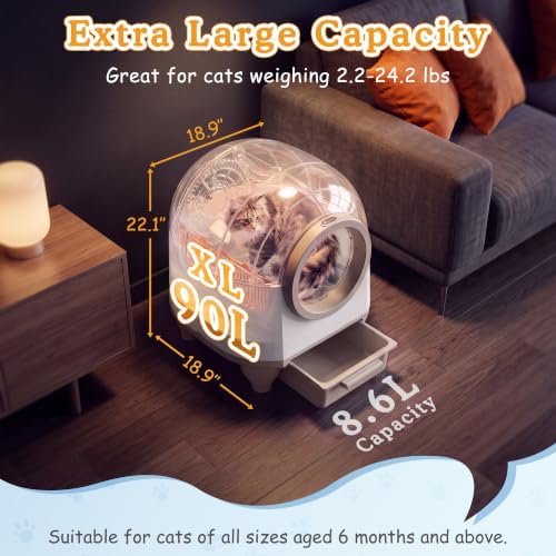 Greesum Enclosed Self-Cleaning Cat Litter Box, 90L XL, App Control, Quiet