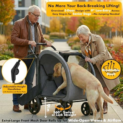 PAWZIDEA 3-in-1 Large Dog Stroller with Detachable Carrier, 45% Extra Tall