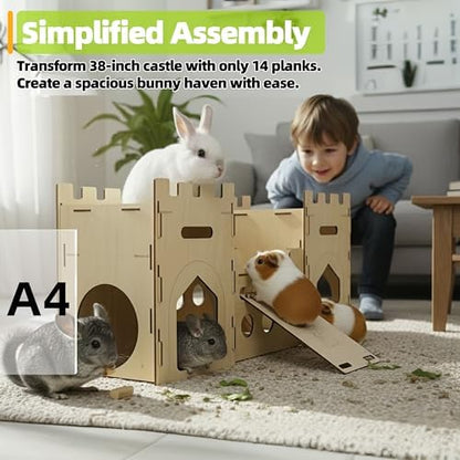 HIIMALEX Extra Large Wooden Bunny Castle House Multistory Climbing Tower Hideout Ventilated Sturdy Habitat for Rabbit Guinea Pig Chinchilla Ferret