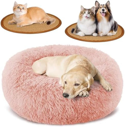 Calming Donut Dog Bed Medium Size Removable Cover + 2 PCS Cooling Rattan Pet Mat, Fluffy Comfort Anti-Anxiety Washable Round Pets Bed with Double-Sided Cool Pad for Medium Dogs/Cat, 31" Pink