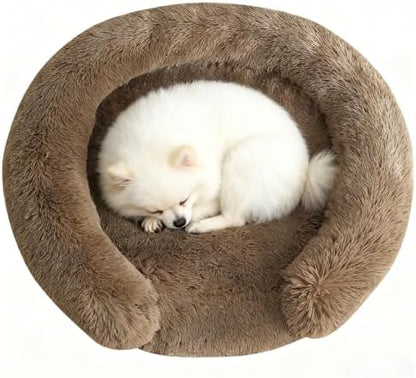 Calming Dog & Cat Beds with Orthopedic Egg-Crate Foam Raised Rim, Soft Fluffy Faux Fur Pet Bed for Small Medium Dogs, Anxiety Relief Spine Support, Machine Washable Cover (Round, Coffee 20")