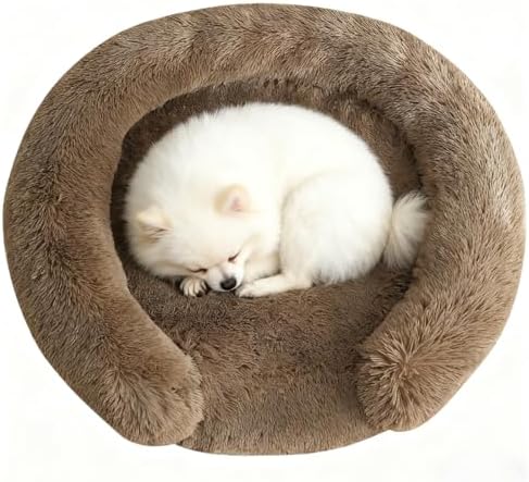 Calming Dog & Cat Beds with Orthopedic Egg-Crate Foam Raised Rim, Soft Fluffy Faux Fur Pet Bed for Small Medium Dogs, Anxiety Relief Spine Support, Machine Washable Cover (Round, Coffee 20")