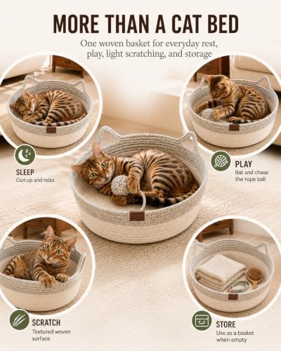 Cat Bed Handwoven Rope Basket Instinct for Indoor Cotton Natural Woven Hanging Scratcher Cushion Sleep Scratch Play Scratching Round Toy BEF Holder