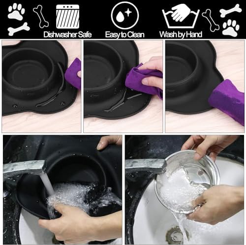 AsFrost Dog Food Bowls Stainless Steel Dog Bowls, Dog Food and Water Bowl Set with No Spill Non-Skid Silicone Mat, Dog Dishes for Small Medium Large Sized Dogs Pet Cat Food Bowls, 6 Cup, Black
