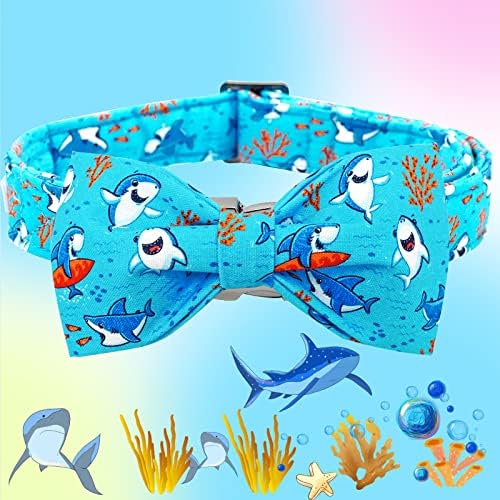 Summer Blue Shark Print Dog Collar with Bow for X-Large Dogs