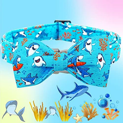Summer Blue Shark Print Dog Collar with Bow for X-Small Dogs