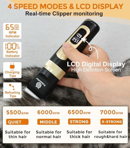 Petsaunter Dog Hair Clippers,4-Speed Low Noise Rechargeable TypeC Electric Pet Hair Shavers,Essential Quiet Grooming Clipper Tools Set for Small & Large Dogs Cats with Thick & Heavy Coats(C95 Set)