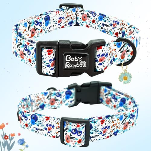Dog Collar-Cute Flower Adjustable Pet Collars Soft Comfortable Puppy Collar Blue Cotton Dog Collars Durable Necklace Gift for Small Dogs