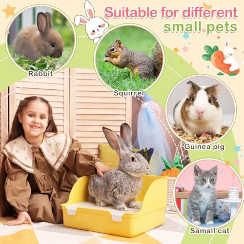 Reallnaive 15 Pcs Rabbit Starter Kit Small Rabbit Litter Box Girls Gift Animal Grooming Kit Bunny Toys Bowl Blankets with Cleaning Set for Guinea Pig Accessories(Yellow)