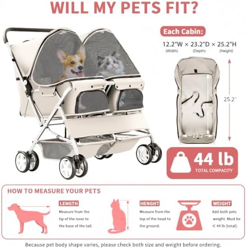 Double Pet Stroller for 2 Dogs & Cats, Side-by-Side, Gray