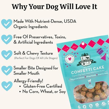 Lord Jameson Confetti Cake Soft & Chewy Certified Organic Dog Treats for Small Breeds - Peanut Butter & Coconut - Small Bite, No-Bake Recipe, Gluten-Free, Preservative-Free - Made In USA - 3 oz