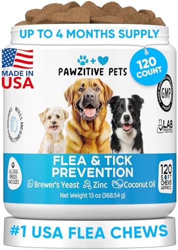 Chewable Flea and Tick Prevention for Dogs - 120 Soft Chews Made in USA - Oral Flea and Tick Control Pills for Small, Medium, Large Dogs and Puppies - Skin and Coat Supplement Treats for All Breeds