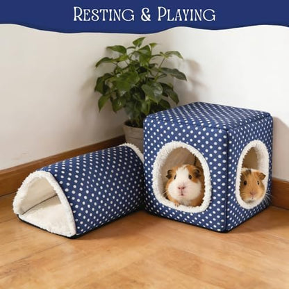 Guinea Pig Hideout, Dwarf Rabbit Bed with Play Tunnel, Washable Fleece House for Dwarf Bunnies, Chinchillas, Hedgehogs, Small Animal Cage Accessories Blue Dot