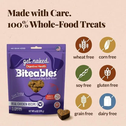 Get Naked Biteables Daily Soft Dog Treats for Digestive Health, Made with Real Chicken and Rice Flour for Easy Digestion, Functional Soft Chews for Dogs, Grain-Free, 6oz