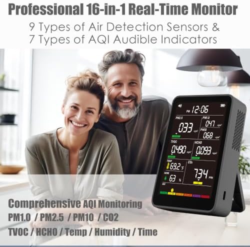16-in-1 Indoor Air Quality Monitor, High-Precision Multi-Parameter Smart Air Quality Tester with HD Real-Time Color Screen, Portable Air Quality Monitor for Home, Office (Glacier Black)