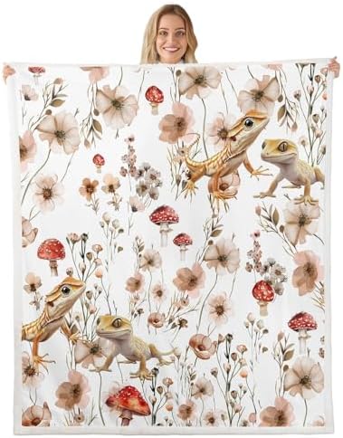 Erosebridal Reptile Lizard Gecko Blanket Throw 90"x90",Kawaii Mushroom Blankets and Throws for Kids Women Girls,Wildlife Animal Fleece Blanket Country Floral Sherpa Blanket for Bed Couch Decor